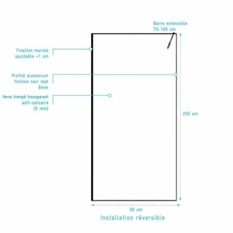 Paroi de douche 90x200cm - Verre anticalcaire - Encadrement Ultra-Fin - Finition Noir Mat - LEA Aurlane - FAC1118