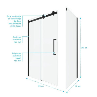 Paroi porte de douche coulissante 120x200cm Noir mat - Rail soft close + RETOUR 80 - RAILROAD DARK Aurlane - FAC626