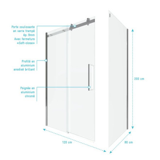 Paroi porte de douche coulissante + Retour 120x80 cm - RAILROAD CHROMED 120 FRONT-80 Aurlane - FAC630