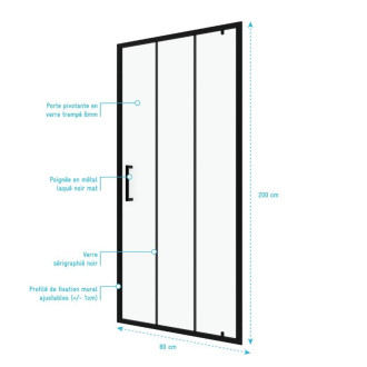 Paroi porte de douche pivotante type industriel - 80x200cm - Profilé Noir mat - Verre 6mm Aurlane - FAC595