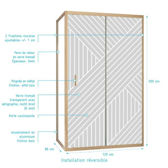 Porte de douche coulissante avec retour 120x80x200cm Style Japandi Géométrique - Cadre Effet Bois - HINATA Aurlane - PACF498