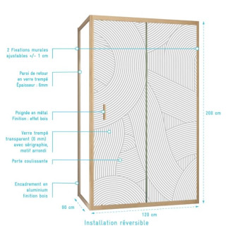Porte de douche coulissante avec retour 120x90x200cm - Style Japandi arrondi cadre effet bois - HINATA Aurlane - PACF501