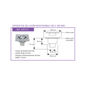 Siphon de sol inox solusec pour tube 50 verticale - dimensions aux choix