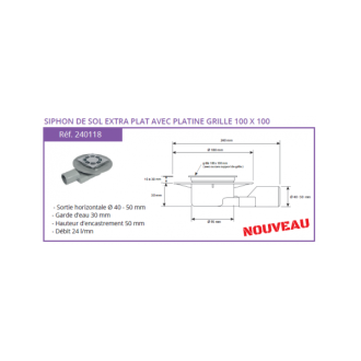 Siphon de sol PVC solusec extra plat avec platine grille 100x100 - dimensions aux choix Siphon de sol PVC solusec extra plat avec platine grille 100x100 - dimensions aux choix