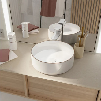Vasque à poser ronde en céramique Ø36cm - hauteur 12cm - blanc et liseré or rose Aurlane - VAS060