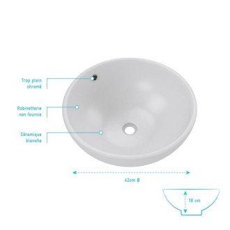 Vasque ronde en céramique blanche à poser - Diamètre 42cm - Hauteur 18cm - PARABOLA Aurlane - VAS038