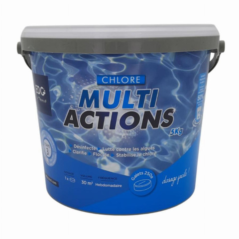 Chlore multi actions, galets 250gr, seau de 5KG, EDG, non comburant - AQUALUX - 106622