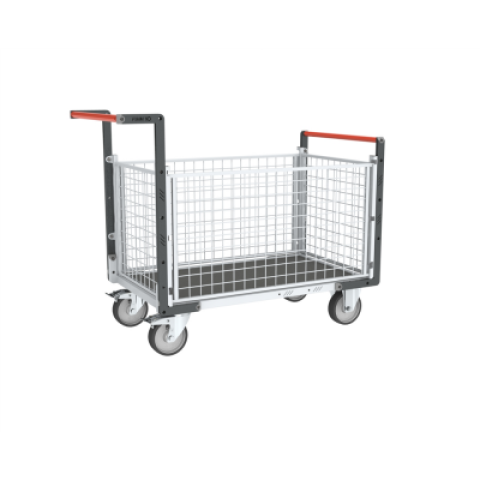 Chariot modulaire grillagé 2 dossiers + 2 ridelles, plateau bois avec tapis caoutchouc 1200 x 800 mm 500 kg