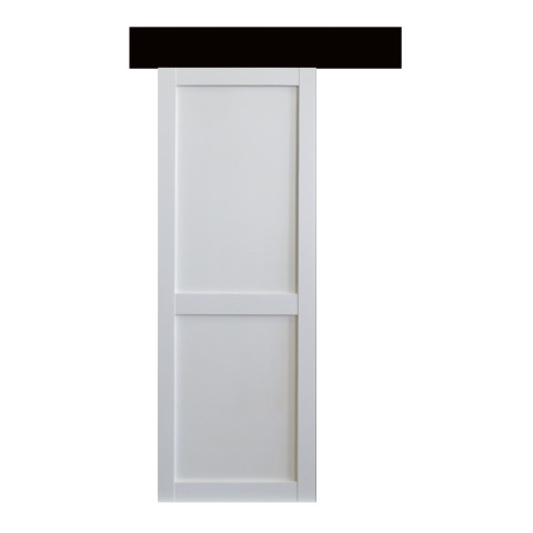 Porte coulissante atelier 2 panneaux blanc h204 x l73 + rail alu bandeau noir et 2 coquilles noir gd menuiseries