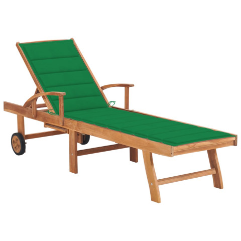 Transat chaise longue bain de soleil lit de jardin terrasse meuble d'extérieur avec coussin vert bois de teck solide helloshop26 02_0012540