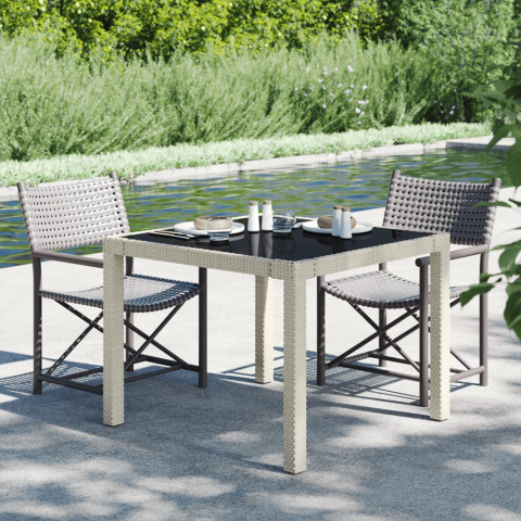 Table de jardin 90x90x75cm verre trempé et résine tressée - Couleur au choix