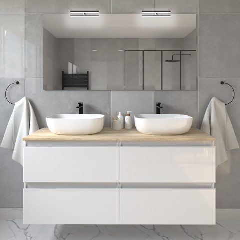 Meuble de salle de bain avec vasques à bords arrondies balea et miroir avec appliques - blanc - 120cm