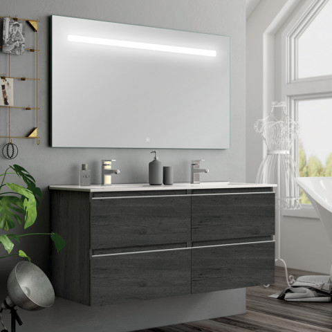Meuble de salle de bain simple vasque - 4 tiroirs - balea et miroir led stam - ebony (bois noir) - 120cm