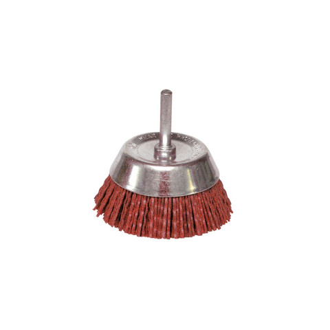 Brosse conique sur tige fil nylon pour décapage doux bois/métal - D. 75 mm - Q. 6 x 30 mm - Gr. 80 - LEMAN - 130.071V