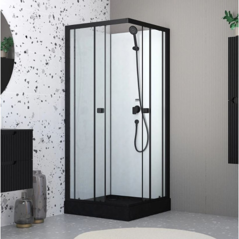 Cabine de douche intégrale 80x80x200 cm carrée - Portes coulissantes - Receveur Noir Mat - ELEMENTARY Aurlane - CAB289