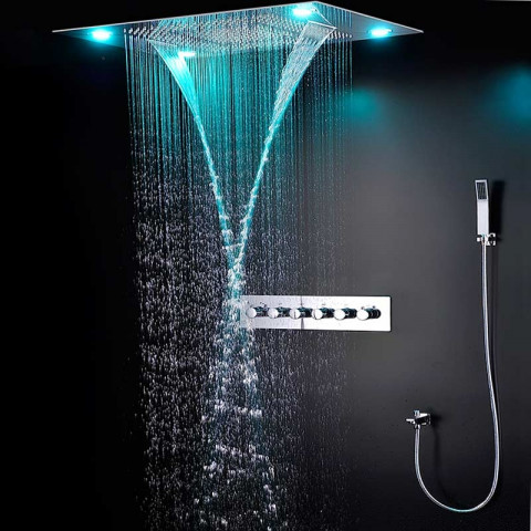 Composition de douche thermostatique avec ciel de pluie led et chromothérapie - 80x60 cm