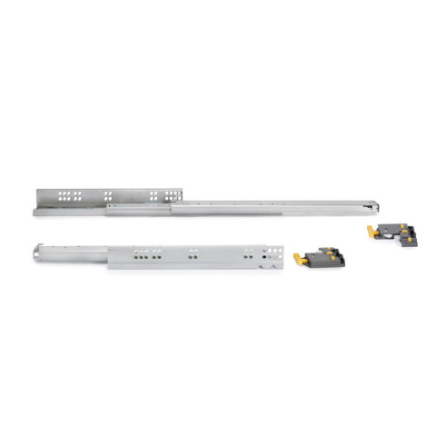 Jeu de coulisses invisibles pour tiroir Silver, à sortie totale, avec fermeture amortie et loqueteau, profondeur 290mm, Acier, zingué