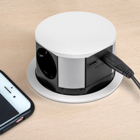 Multiconnecteur Vertikal Push diamètre 100mm, 3 prises de type Schuko, 1 USB type A, 1 USB type C, Acier et Plastique, couleur au choix