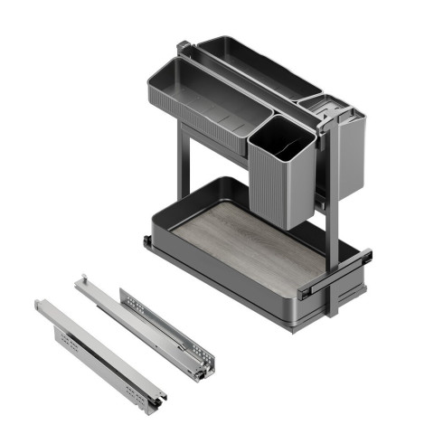 Chariot extractible avec paniers et accessoires Harmony avec fermeture à amortie, Module largeur 300mm hauteur 700mm, Acier et Bois, Gris anthracite