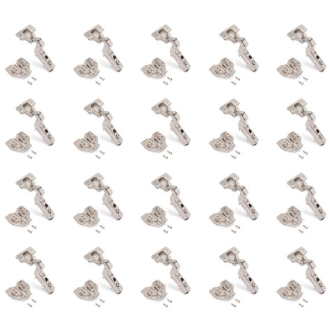 Lot de 20 charnières super coudées X91 avec fermeture amortie et embases Euro, Hauteur 0, Acier, Nickelé