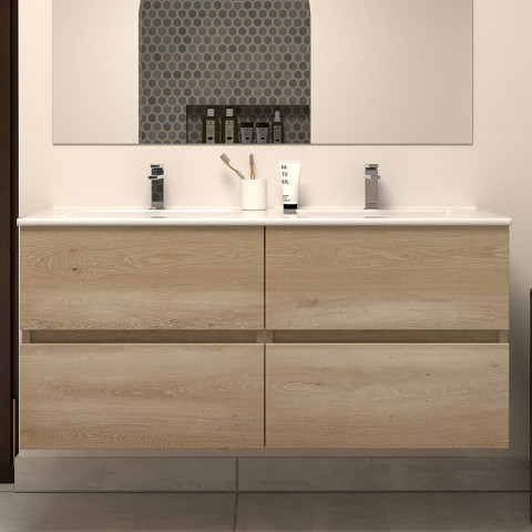 Meuble de salle de bain 120cm double vasque - sans miroir - 4 tiroirs - nebraska (bois clair) - ida