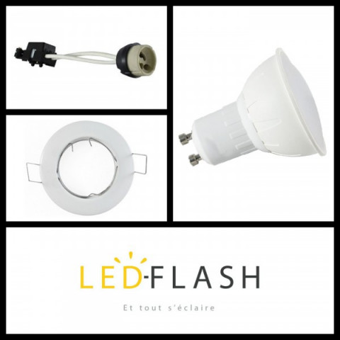 Kit spot led GU10 5 watt (eq. 50 watt) - Douille GU10 domino - Support blanc - Couleur eclairage - Blanc chaud 3000°K, Type Support - Carré orientable 84mm