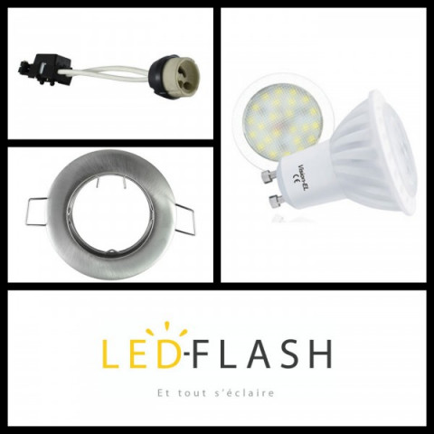 Kit spot led GU10 6 watt céramique - Supportt gris - Couleur eclairage - Blanc chaud 3000°K, Type Support - Rond orientable 92mm