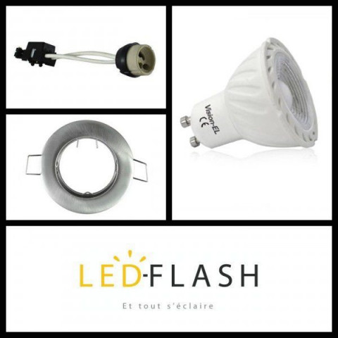Kit spot led GU10 COB 6 watt (eq. 60 watt) Dimmable - Support gris - Couleur eclairage - Blanc neutre, Type Support - Rond fixe 78mm