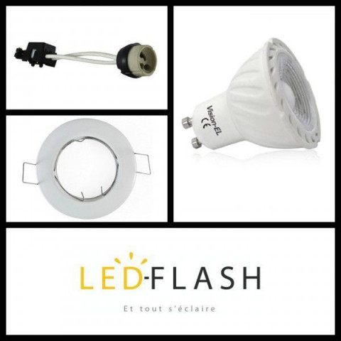Kit spot led GU10 COB 6 watt (eq. 60 watt) - Dimmable - Support blanc - Couleur eclairage - Blanc froid, Type Support - Rond orientable 86mm