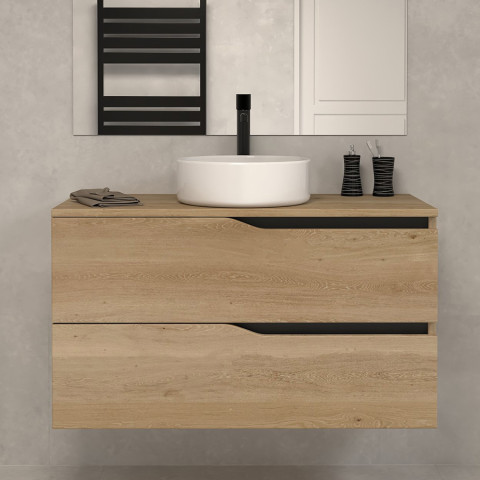 Meuble de salle de bain 100 avec plateau et vasque à poser - sans miroir - 2 tiroirs - madera miel (bois clair) - luna