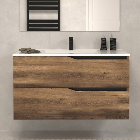 Meuble de salle de bain 100cm simple vasque - sans miroir - 2 tiroirs - tabaco (bois foncé) - luna