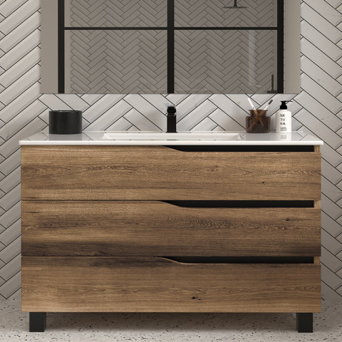 Meuble de salle de bain 120cm simple vasque - sans miroir - 6 tiroirs - tabaco (bois foncé) - mata