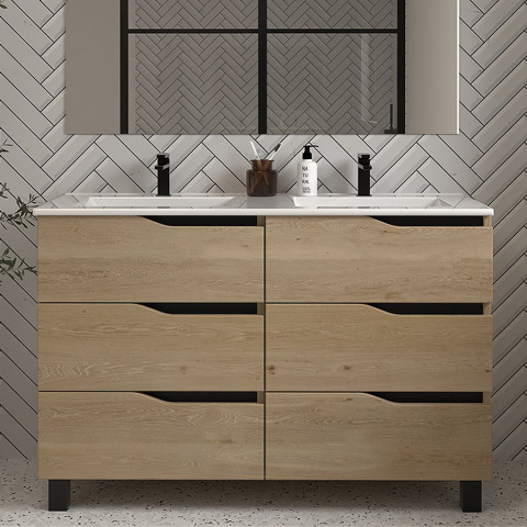 Meuble de salle de bain 120cm double vasque - sans miroir - 6 tiroirs - madera miel (bois clair) - mata