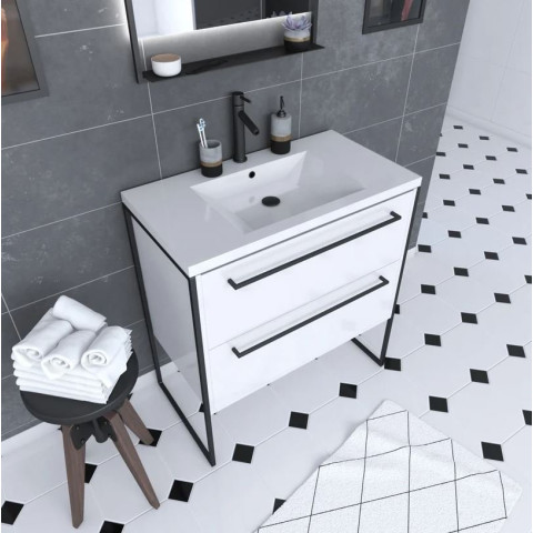 Meuble de salle de bain 80x50cm Blanc -2 tiroirs - vasque résine blanche - pieds et poignées Aurlane - PACM010