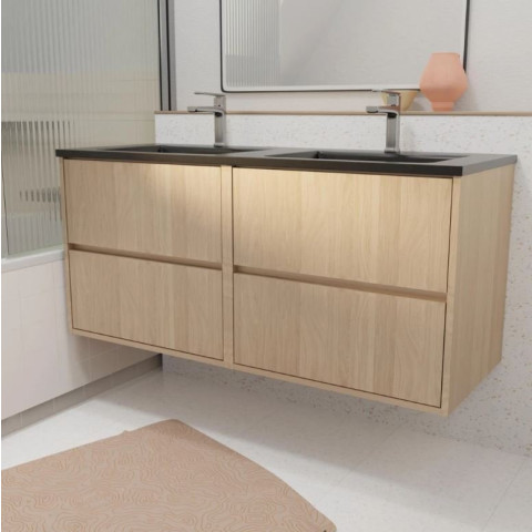 Meuble de salle de bains 120 cm 4 tiroirs chêne clair + Vasque double céramique Noire - XENOS Aurlane - PACM720