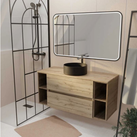 Meuble de salle de bains 120 TIMBER Décor chêne 2 tiroirs - Vasque noire à poser Miroir LED 120x70 Aurlane - PACM847