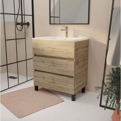 Meuble de salle de bains 70 cm TIMBER - Décor chêne naturel 3 tiroirs avec vasque blanche Aurlane - PACM816