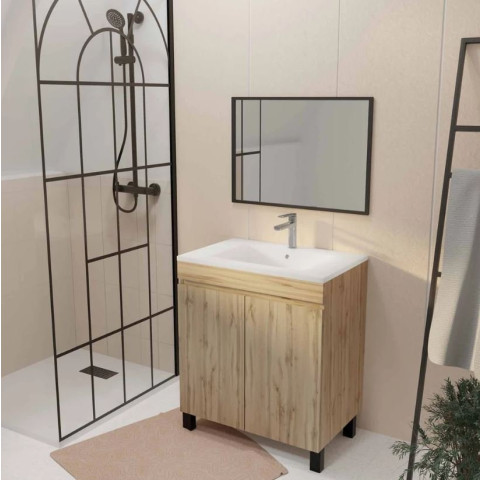 Meuble de salle de bains 70cm TIMBER décor chêne naturel à portes - Vasque blanche et Miroir 70x50 Aurlane - PACM802