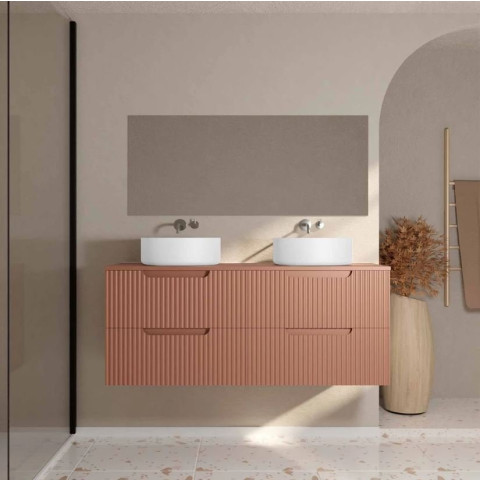 Meuble de salle de bains LEON 120cm Terracotta - 4 Tiroirs en MDF ondulés - Vasques rondes 36cm Aurlane - PACM911