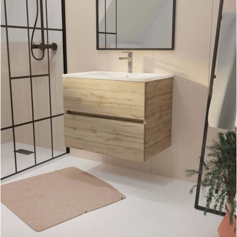 Meuble de salle de bains suspendu 70 cm TIMBER - Décor chêne naturel 2 tiroirs avec vasque blanche Aurlane - PACM806
