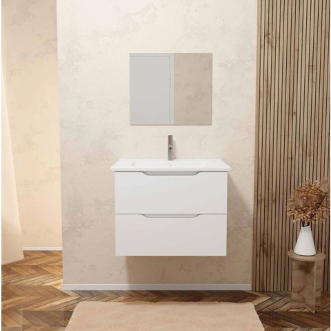 Meuble salle de bain 60cm suspendu 2 tiroirs blanc laqué poignées intégrées vasque et miroir – MILA Aurlane - LAV959