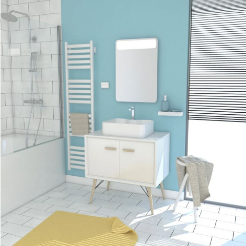 Meuble salle de bain scandinave blanc 80 cm sur pieds avec portes, vasque a poser et miroir LED Aurlane - LAV525