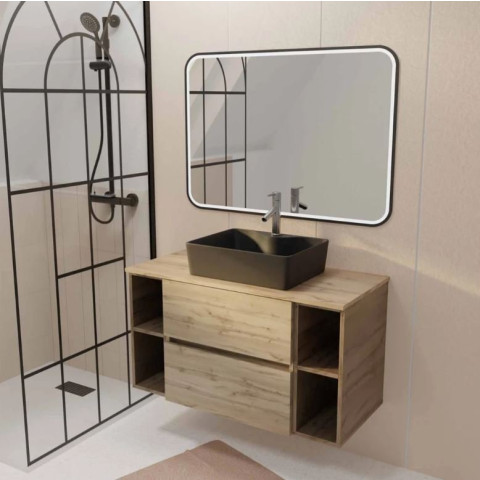 Meuble salle de bains 100 TIMBER Décor chêne 2 Tiroirs - Vasque noire rectangulaire Miroir LED noir Aurlane - PACM843