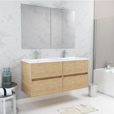 Meuble salle de bains 120 cm chêne clair 4 tiroirs vasque miroirs 60x80 et réglettes LED - XENOS Aurlane - PACM639