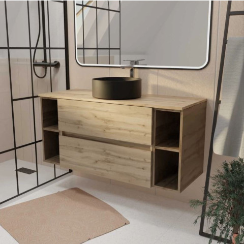 Meuble salle de bains 120 TIMBER Décor chêne 2 tiroirs - Vasque noire à poser Aurlane - PACM846