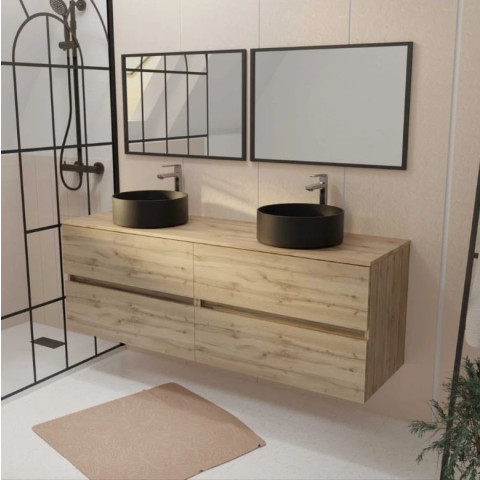 Meuble Salle de Bains 160 TIMBER Décor chêne 4 Tiroirs - Vasques à poser Noires 2 Miroirs 75x55 Aurlane - PACM861
