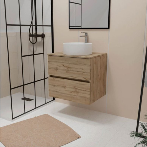 Meuble salle de bains 60cm 2 Tiroirs chêne naturel + Vasque ronde diamètre 36cm en céramique blanche Aurlane - PACM740