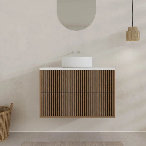 Meuble salle de bains 60cm 2 Tiroirs décor chêne et noir cranté - Plan et vasque blanche - YUKI Aurlane - PACM904