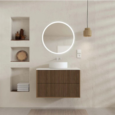 Meuble salle de bains 80 2 tiroirs décor chêne et Noir - Vasque et plan Blancs - Miroir LED 70 - YUKI Aurlane - PACM886