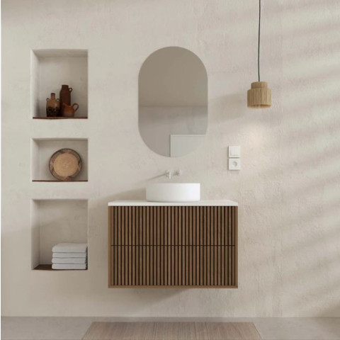 Meuble salle de bains 80 2 tiroirs décor chêne et Noir - Vasque et plan Blancs - Miroir ovale - YUKI Aurlane - PACM889